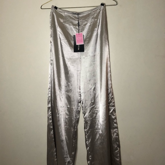 PrettyLittleThings.com Silver Satin Cargo Pants - Picture 1 of 6